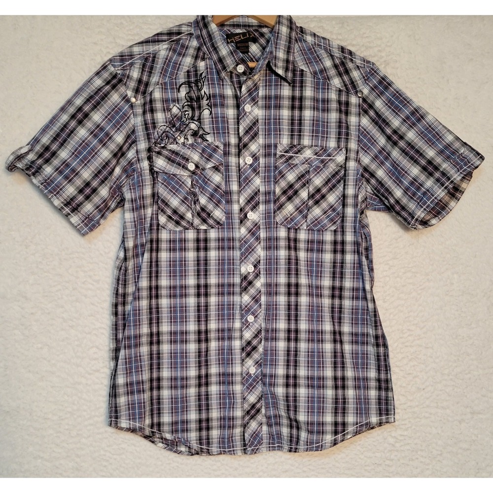 Helix Mens Shirt Size M Plaid Short Sleeve Button-Up Embroidered Pockets 1348
